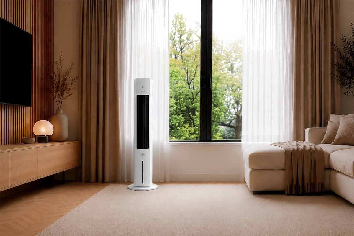 POINT AIR COOLER WH A white point cooler in a warm toned living room with lots of light and a beige sofa on the right side with the air cooler in front of the window and lots of greenery outside