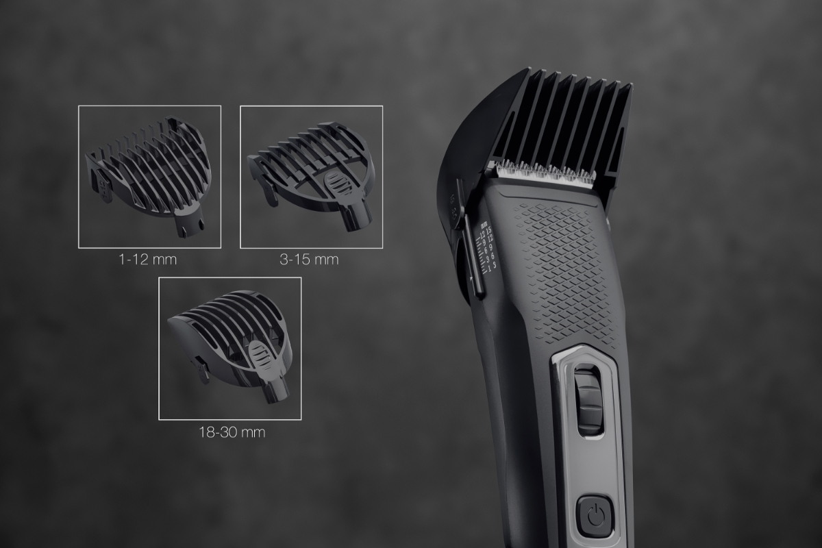 Wide angle image of POINT STYLE HAIR CLIPPER SET and the different length guide combs with the lengths written out underneath