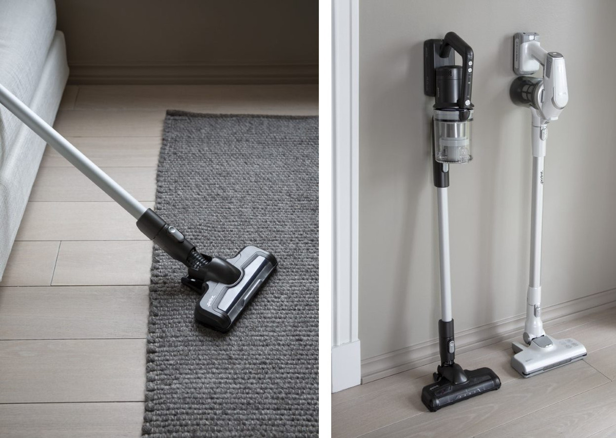 Two images sides by side, on the left is POINT PRO POVC725DG 25.2V stick vacuum vacuuming a brown carpet, on the right POINT PRO POVC725DG 25.2V leaning against a wall with another stick vacuum model