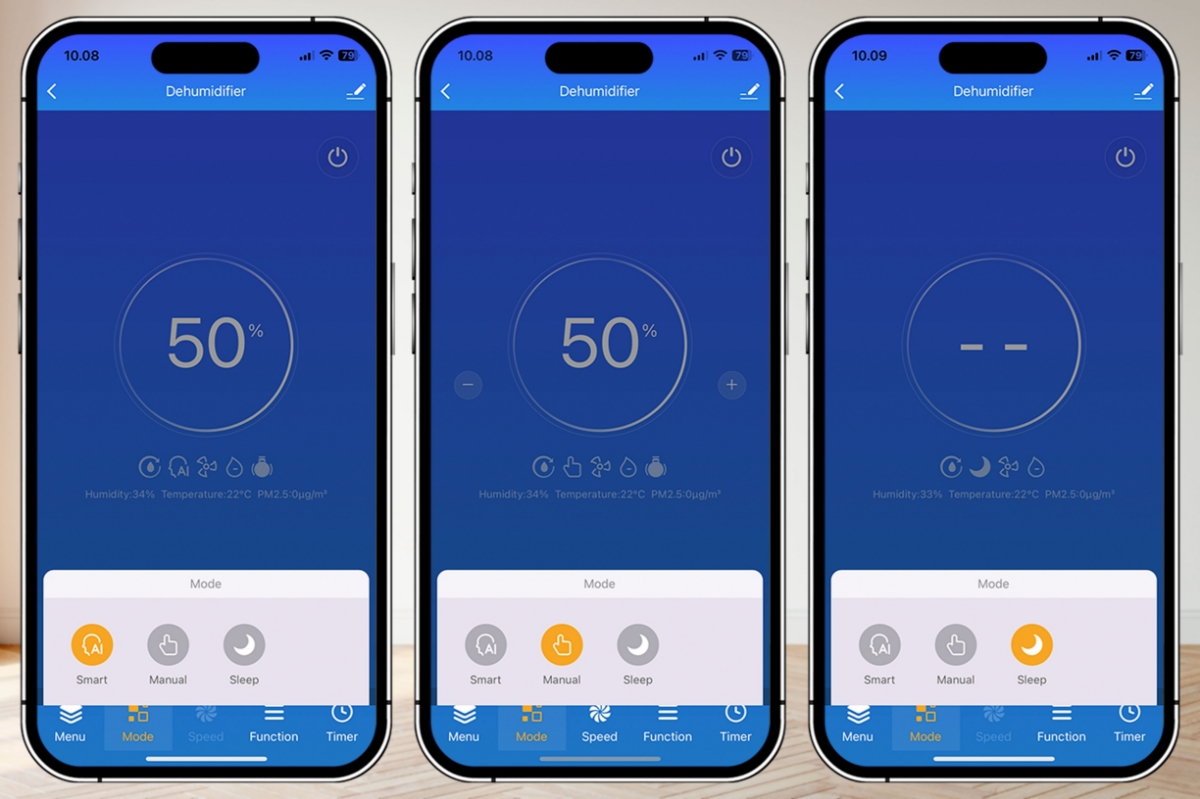 Three illustrations of the SmartLife app illustrating the three modes of POINT PODHAP20G DEHUMIDIFIER/AIR PURIFIER 