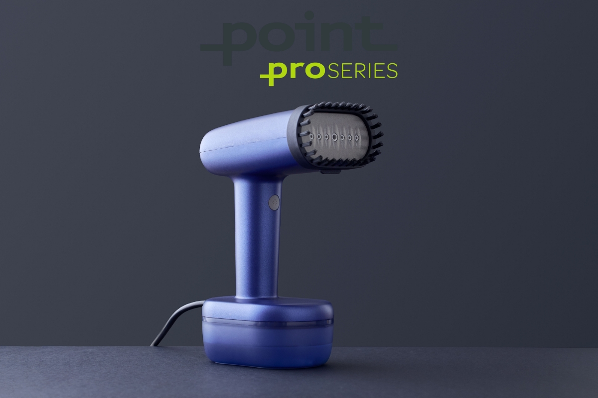 Wide angle image of the POINT PRO POHS15PRO STEAMER against dark blue background with Point Pro logo over it