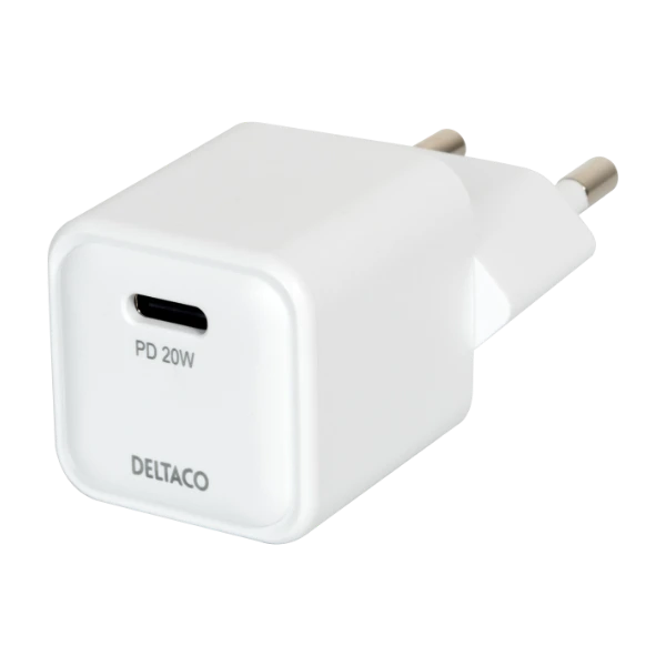 Deltaco USB-C seinälaturi PD 20 W, valkoinen