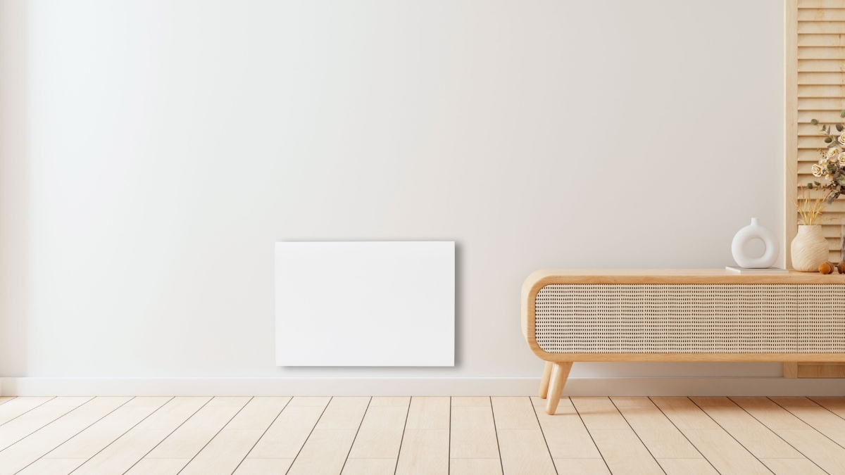 Wide angle image of the white POINT POPANW600 PANEL HEATER on a white wall