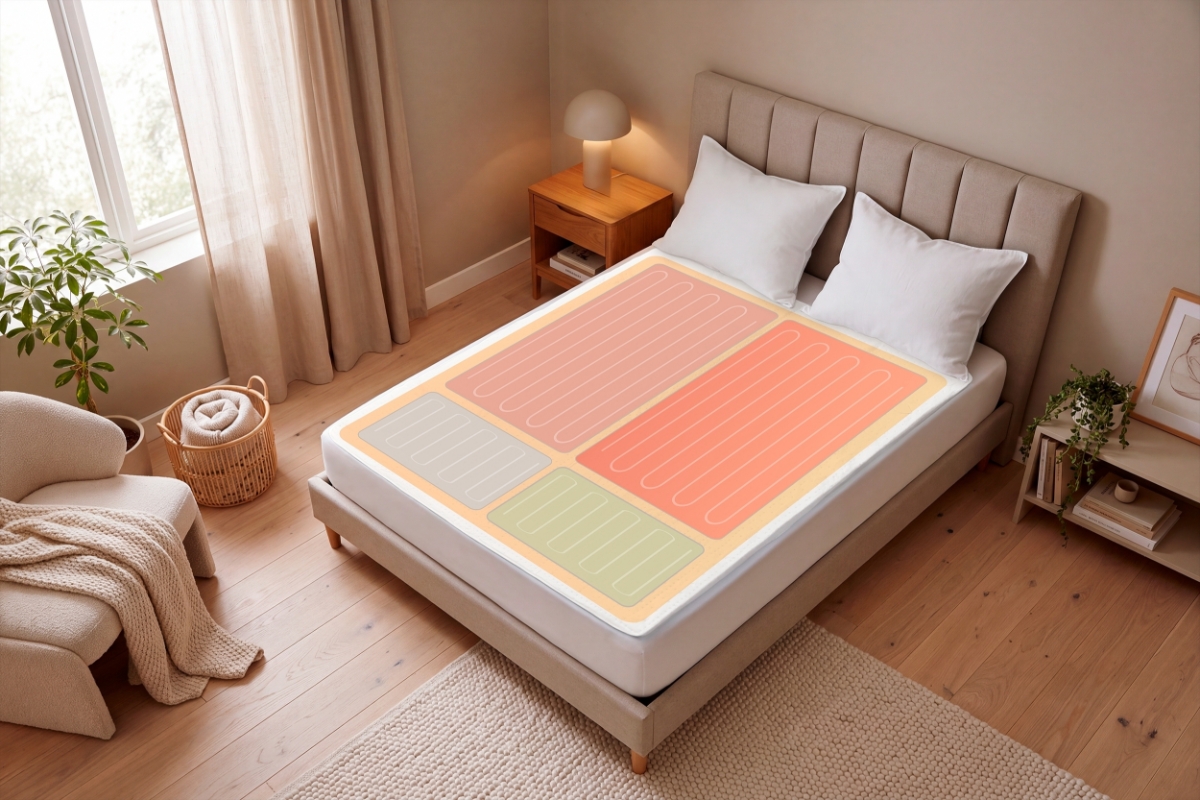 A white Point heated underblanket placed on a double bed in a bedroom and different colors (red, orange, green) showing the different heated areas of the blanket