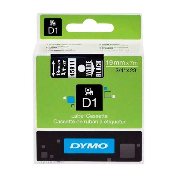 Dymo D1 -Standard Etiketter, hvit På svart - 19MM X 7m