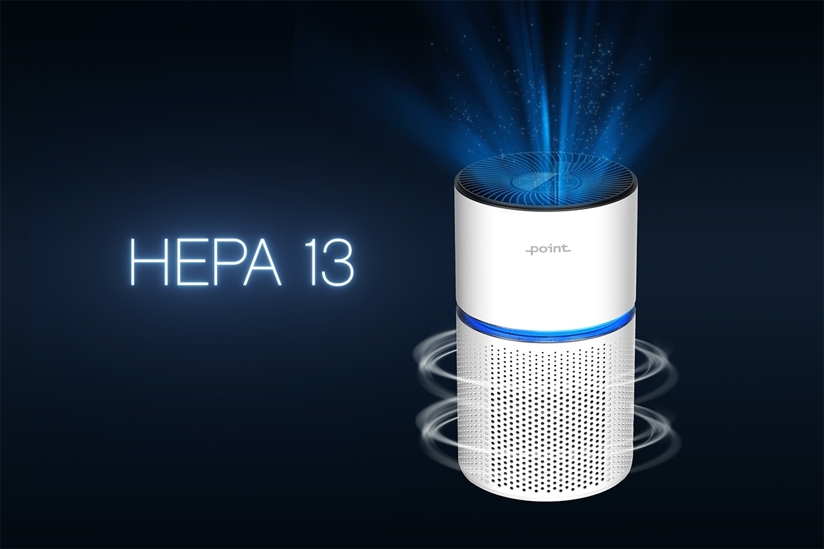 A white Point POAP220 air purifier against a black background with bue and white lines around the purifier stating the air moving from the device and a large "HEPA 13" word in light blue next to the device