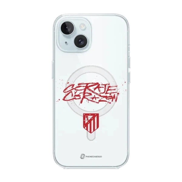Phonecases3D iPhone 15 Atlético de Madrid Clear case (MagSafe) -suojakuori, valkoinen