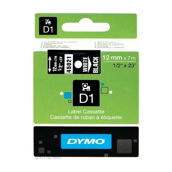 Dymo D1 -Standard Etiketter, hvit På svart - 12MM X 7m