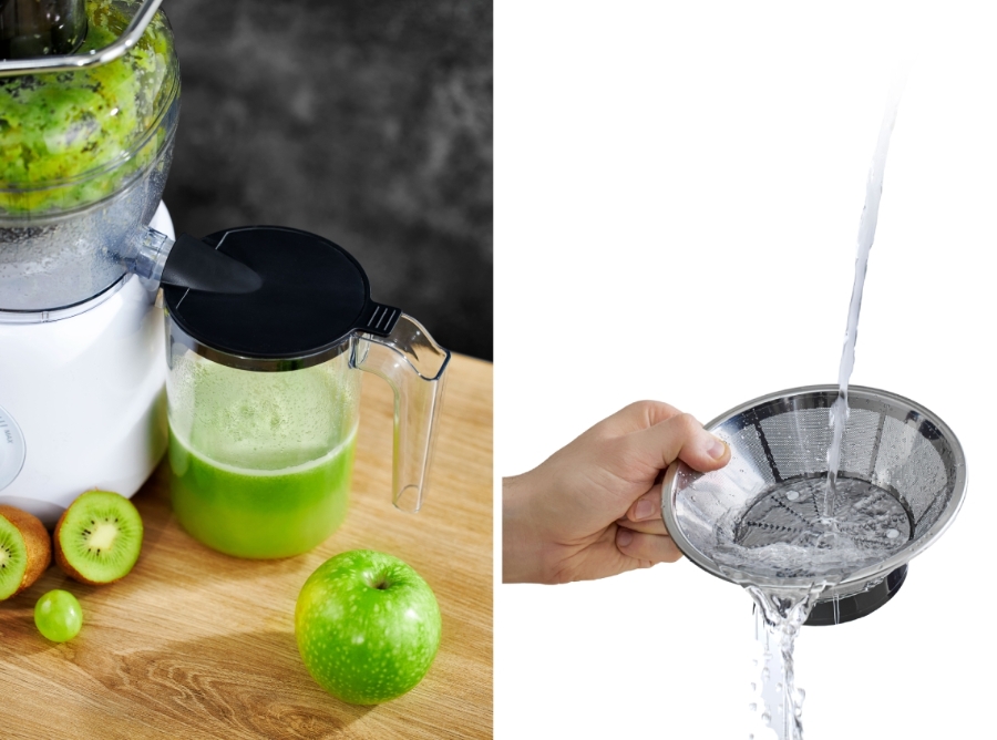 Two pictures of a white Point juicer side to side: the left showing a full juice can with green juice and the device of a wooden table, the right picture showing the mesh filter that is being washed under running water