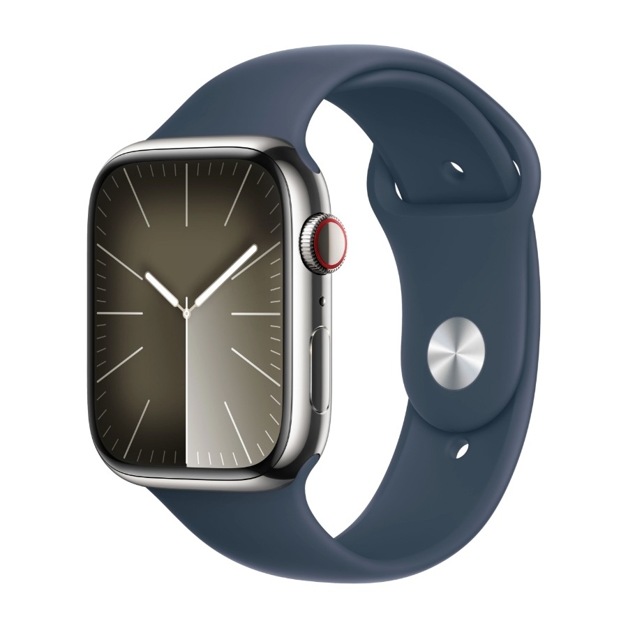 Apple Watch Series 9 GPS + Cell 45 mm sølvfarvet Rustfrit stål urkasse med Stormblå sportsrem - M/L