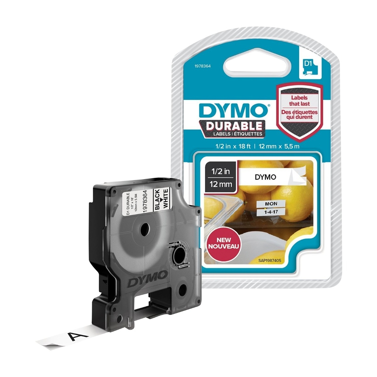 Dymo D1 -Durable Etiketter - svart På, hvitt - 12MM X 5.5m