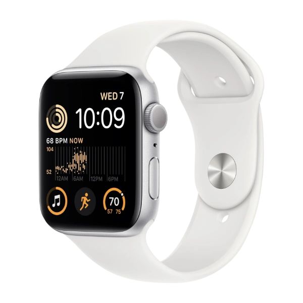 Apple Watch SE GPS 44 mm sølvfinish aluminium urkasse med hvit Sport Band -  regular