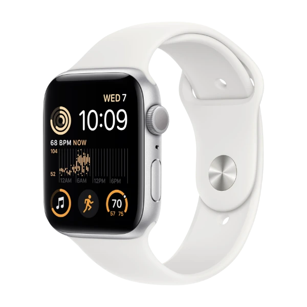 Apple Watch SE GPS 44 mm sølvfinish aluminium urkasse med hvit Sport Band -  regular