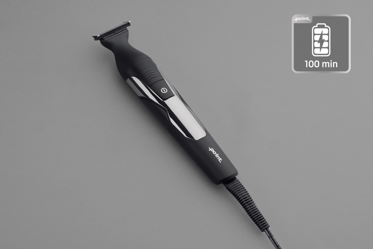 POINT RAPID GROOM BEARD TRIMMER against a grey backdrop with an icon telling about the 100 min operating time