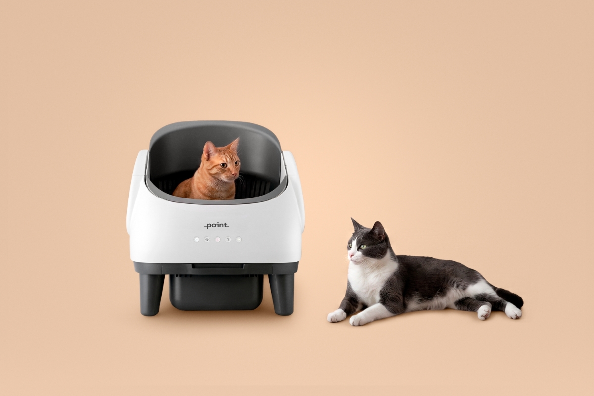 A white and grey Point Cave smart cat litter box with an orange cat sitting inside the box and a black-white-brown cat laying next to the litter box on the floor and a beige background