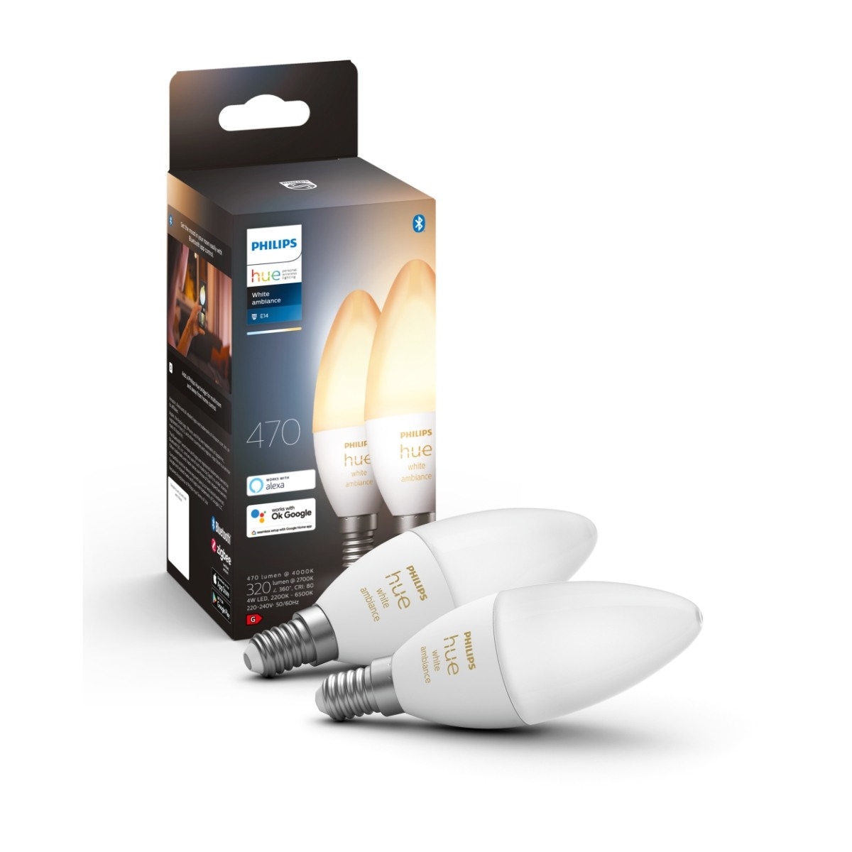 Hue B39 E14 lyspære 5,2W 2200-6500K White Ambiance - 2 pakning