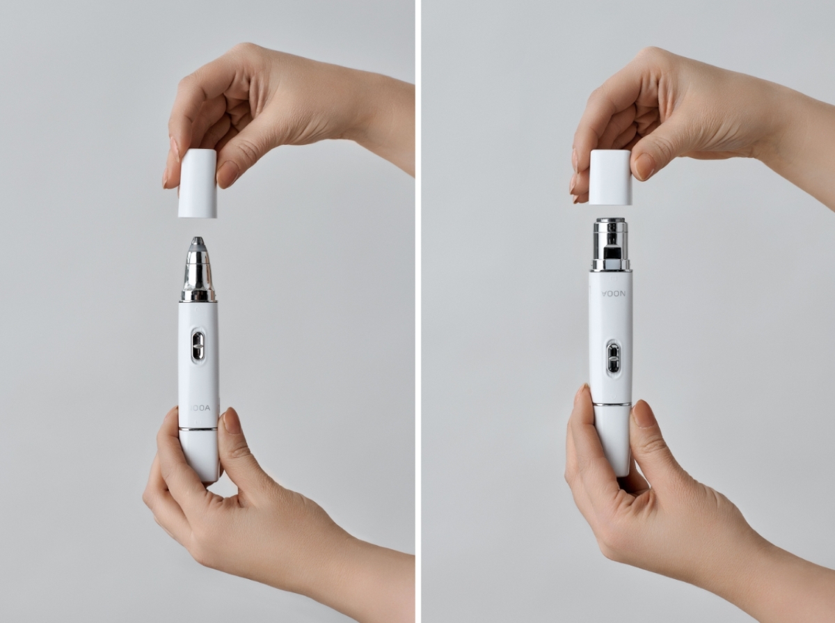 Two images of the NOOA LISSE EYEBROW & FACIAL TRIMMER side by side, showing the two different trimmer heads