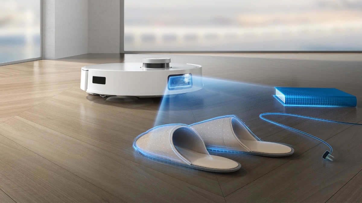 An Ecovacs robotic vacuum cleaner scanning it's surrounding with the AIVI technology on a wooden floor