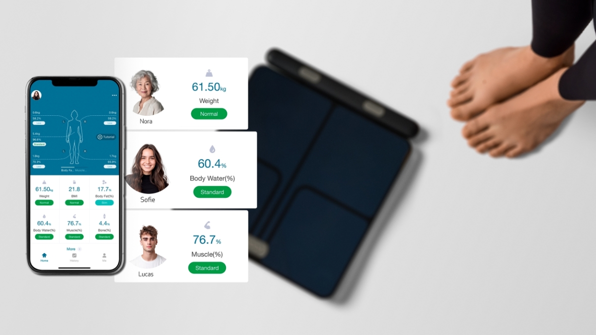 Birds eye view of a person standing next to the NOOA PHYSIQ SMART PERSONAL SCALE with illustrations of the MovingLife app open