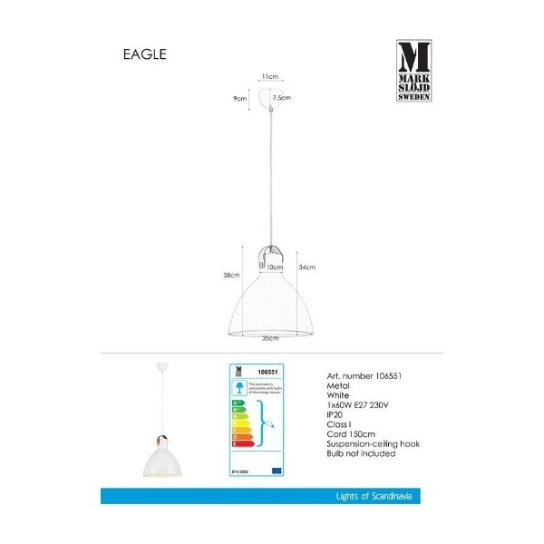 MARKSLÖJD EAGLE TAKLAMPE 1L 35CM HVIT Power.no MARKSLÖJD EAGLE TAKLAMPE 1L 35CM HVIT Power.no