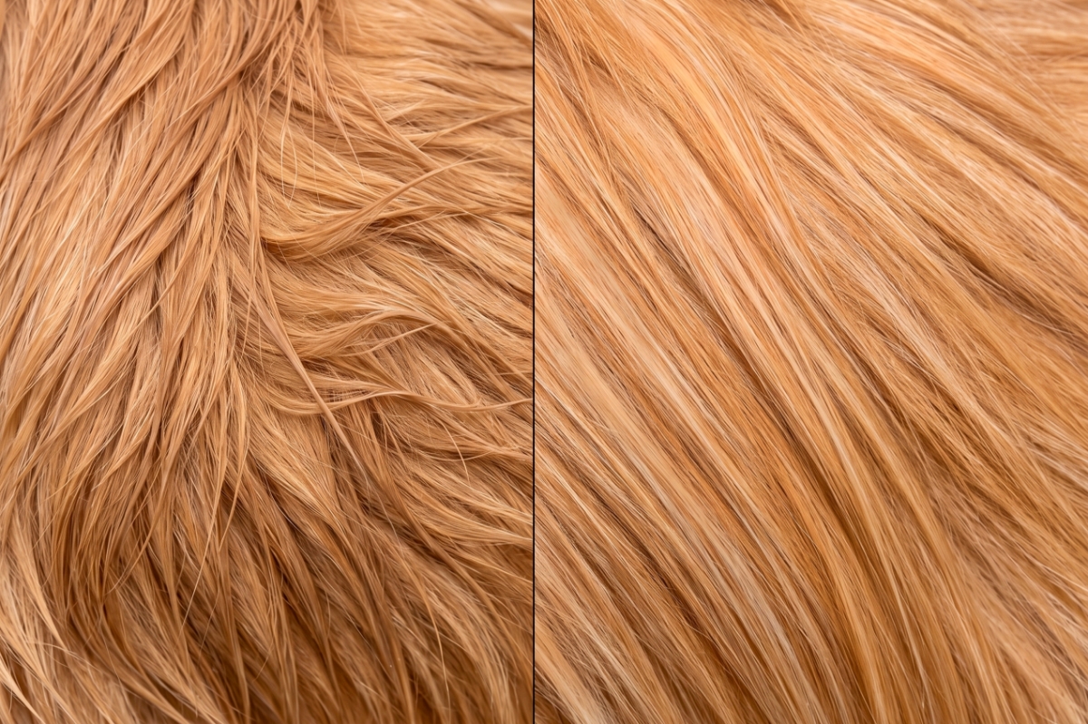 A close-up two images of an orange dog fur with the left showing a shaggy fur and the right one showing a smooth fur 