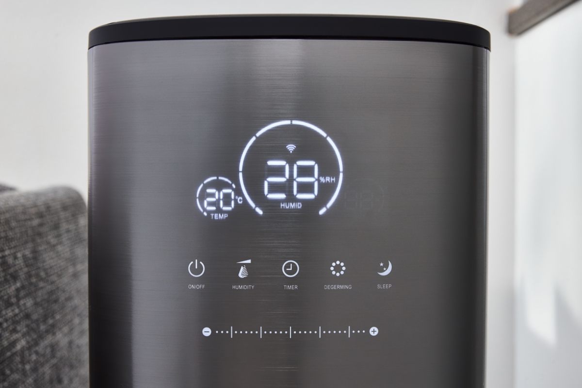 A close-up picture of a Point Pro Hydro humidifier's modern touch screen