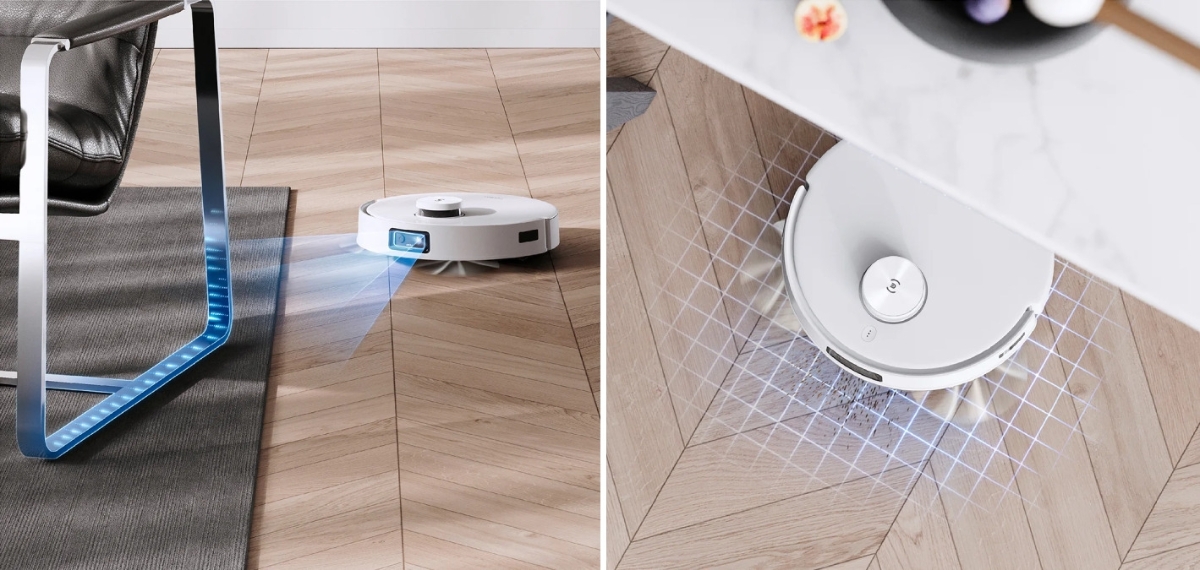 Two pictures of an Ecovacs robotic vacuum cleaner scanning the floors and avoiding furnitures