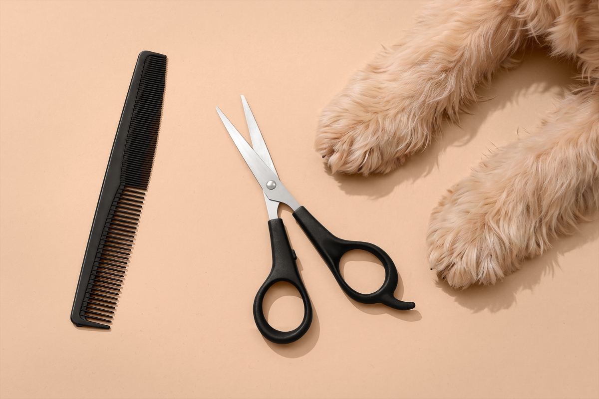 POINT PET GROOM PET TRIMMER A beige table with two paws of a light-brown dog with black scissors and a comb in the front of the paws
