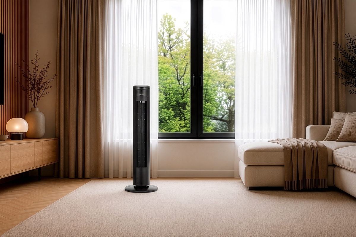 Black Point tower fan in a living room with lots of warm tones and light and a window behind the fan that has lots of greenery