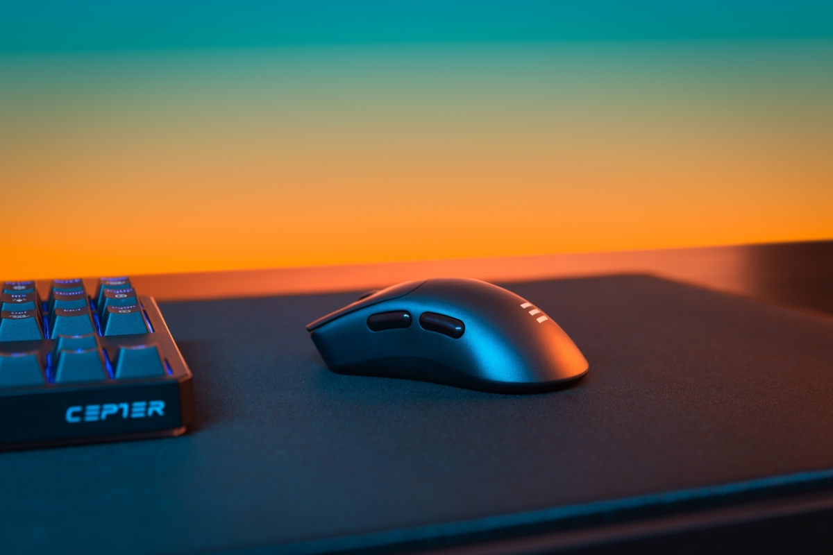 Cepter Gaia gaming mouse's side profile on a desk