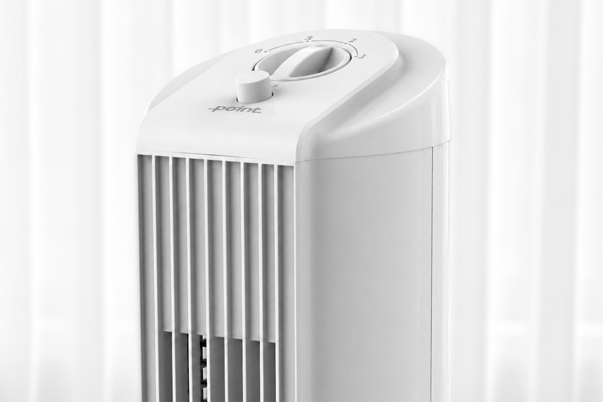 A white Point tower fan against a white background with its screen showing