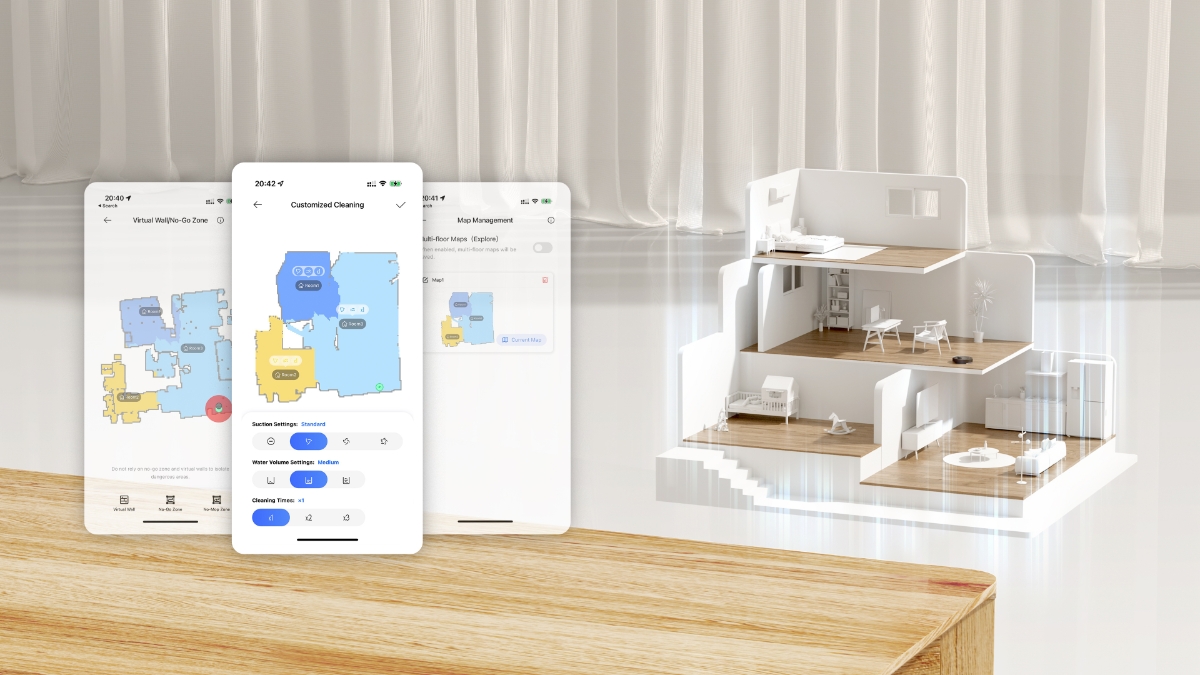 Bilder av Dreamehome-appen som visar kartor över olika golv av ett hem som ska användas av Dreame-robotdammsugaren