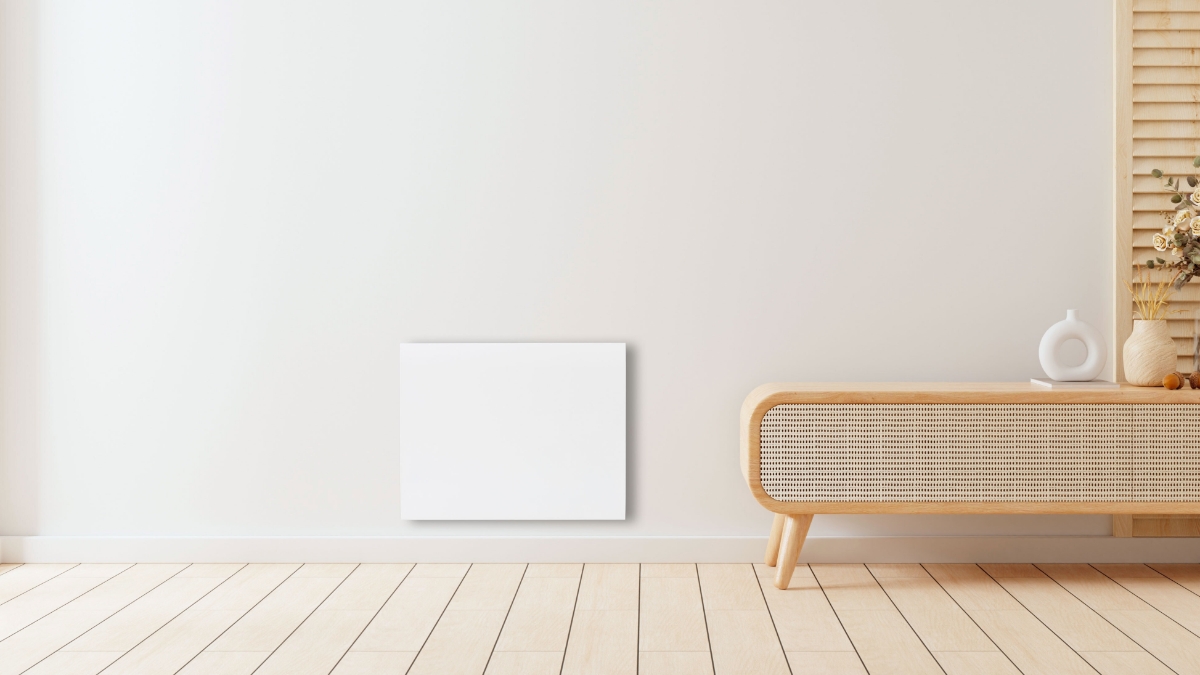 Wide angle image of the white POINT POPANW400 PANEL HEATER on a white wall