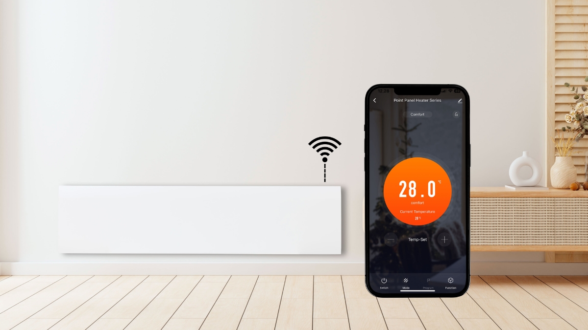An illustration of the Smart Life app on a phone screen in front of the POINT POLISW800 LOW PANEL HEATER, MATT WHITE on a beige wall