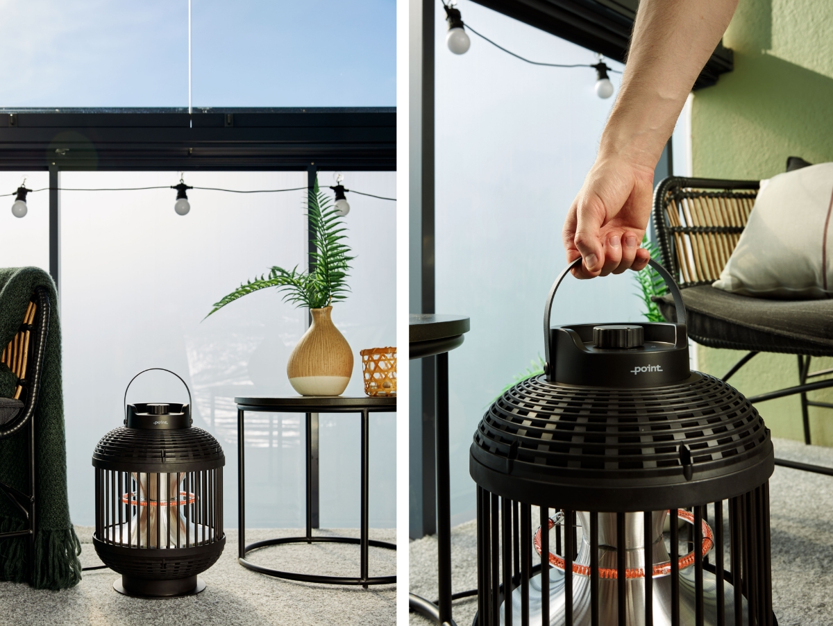 Two images of the POINT PRO POPHLAN47 patio heater, on the left it is next to a lounge chair and a side table. On the right a person is lifting it up from its sturdy handle
