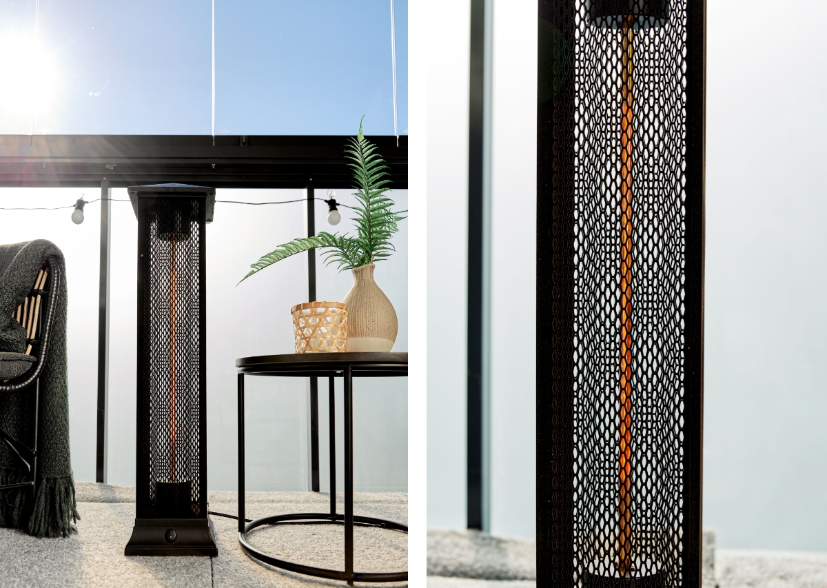 Two images side by side of the POINT PRO POPHTOW81 patio heater, on the left it is on a sunny balcony next to a coffee table with a plant and a candle holder on it. On the right is a close up of the protective grid and the halogen tube behind it