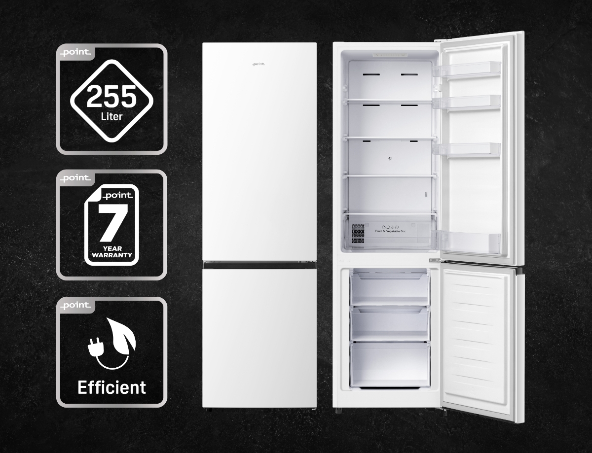 Feeling image with doors open and icons describing that capasity is 255 liters, 7 year warranty and efficiency