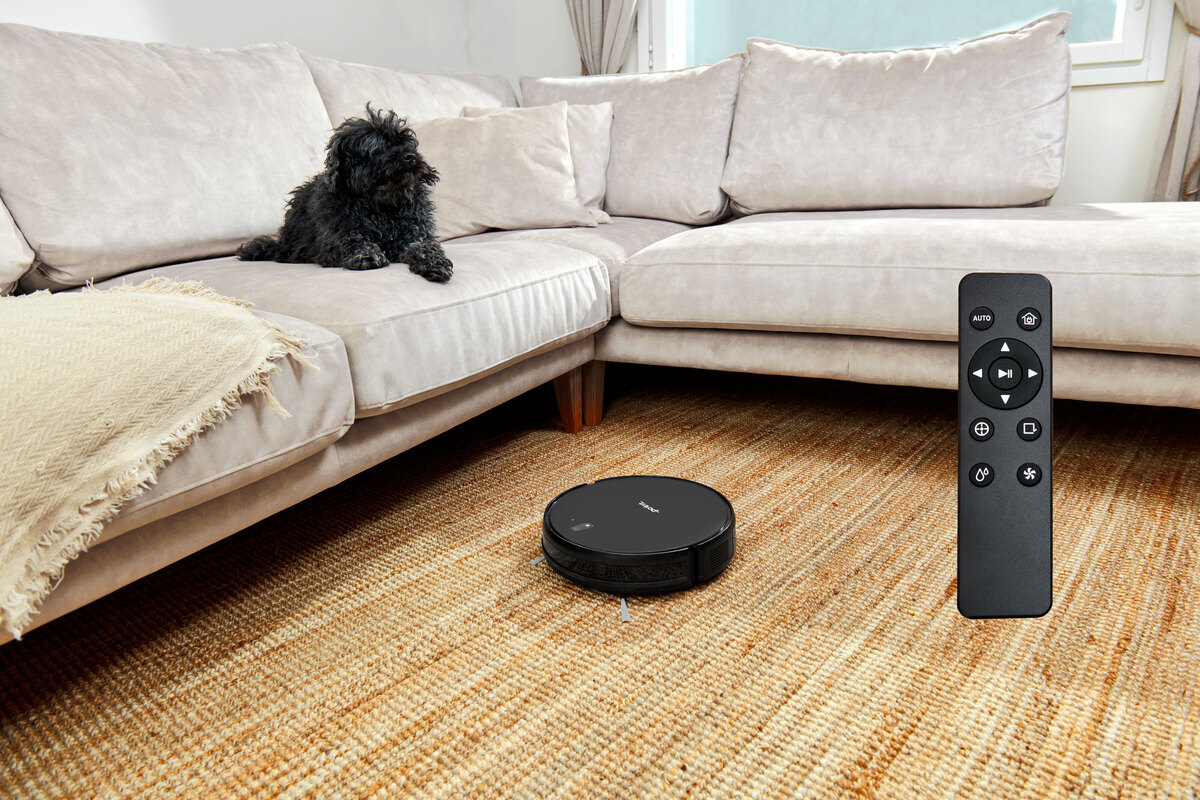 A black Point robotic vacuum cleaner vacuuming a light brown carpet next to a white couch with a black dog on it staring at the vacuum cleaner and a black remote control on the right side of the picture