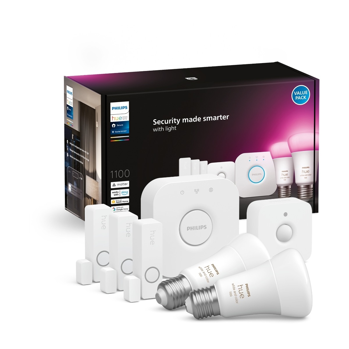 Philips Hue Secure startsett med 2 X E27 wca-pærer