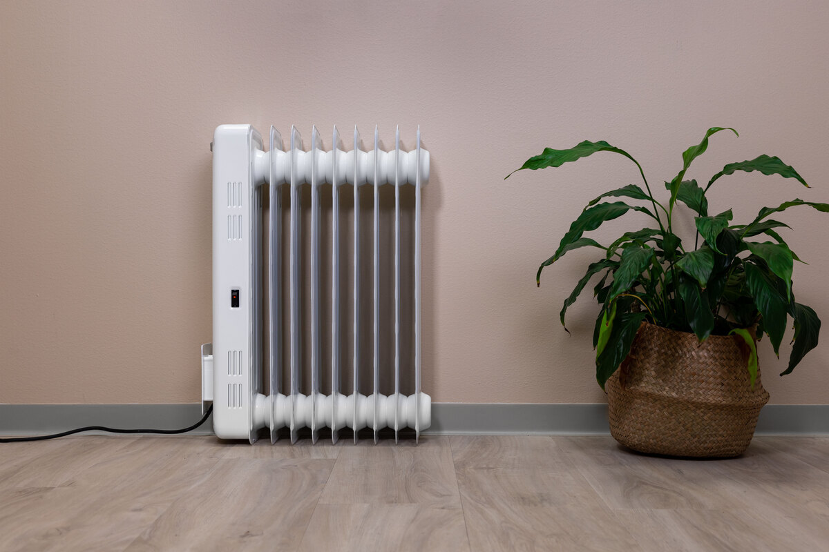 Radiator next to a wall and plant