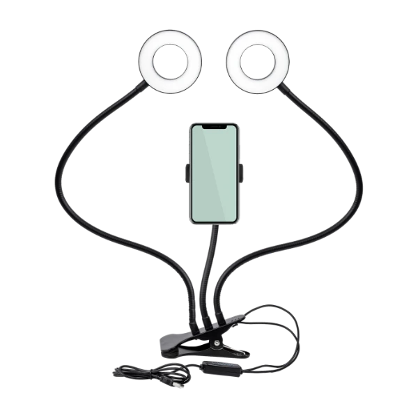 Dacota Platinum 9 cm dubbel ringlampa med telefonhållare, svart