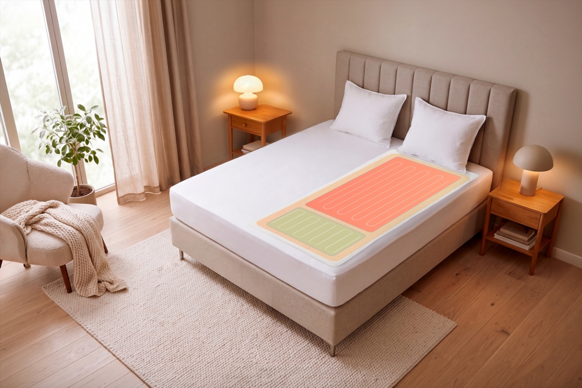 A white Point heated underblanket placed on a double bed on one side in a bedroom and different colors (red, orange, green) showing the different heated areas of the blanket