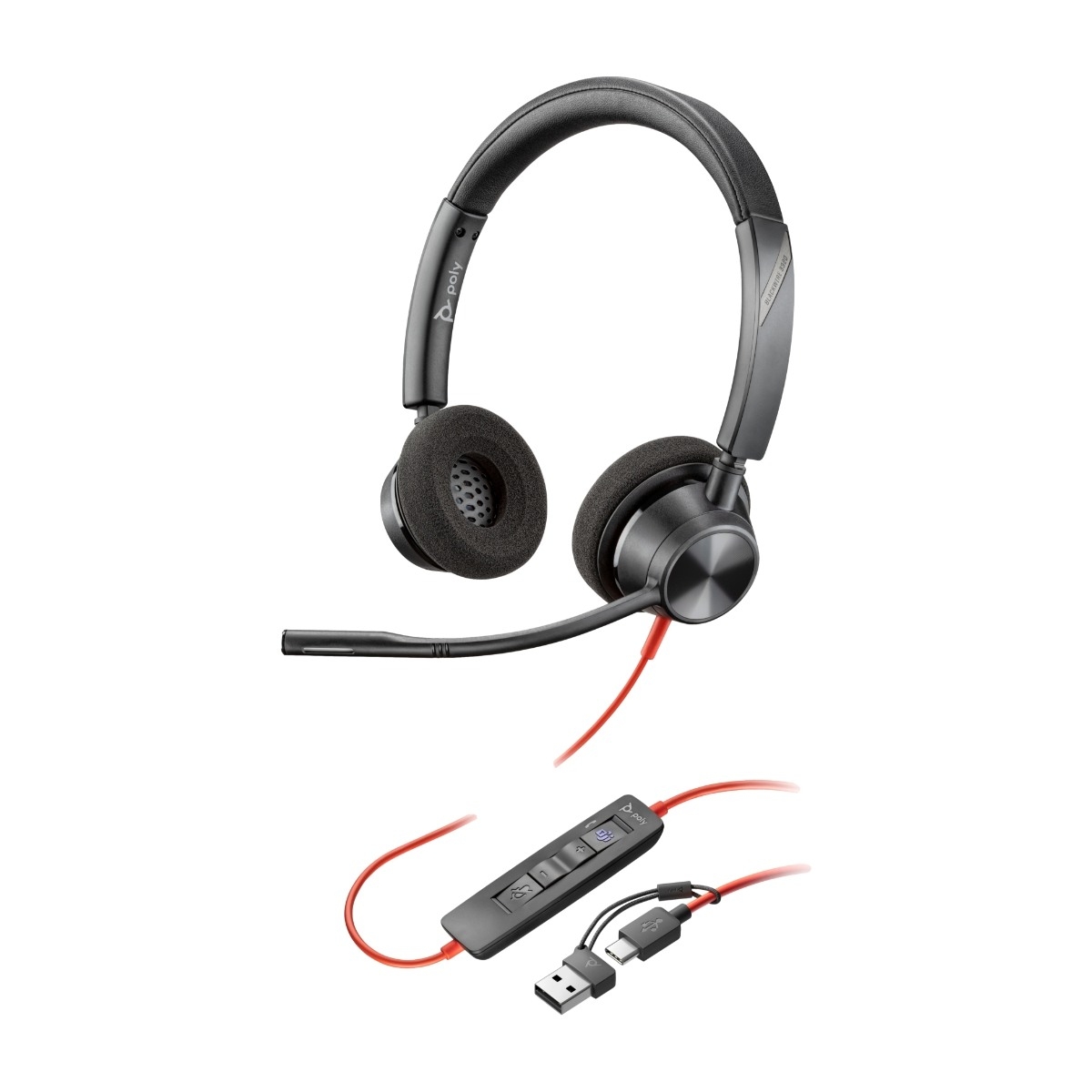 Poly Blackwire 3320 - Blackwire 3300 series - hodesett - on-ear - kablet - aktiv støydemping - USB-C - svart - Certified for Microsoft Teams, UC-sertifisert