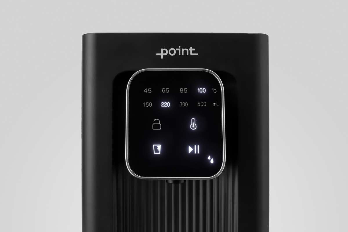 POINT POWD5000 INSTANT HOT WATER DISPENS The touch screen of the black Point hot water dispenser pictured up close and the screen turned on