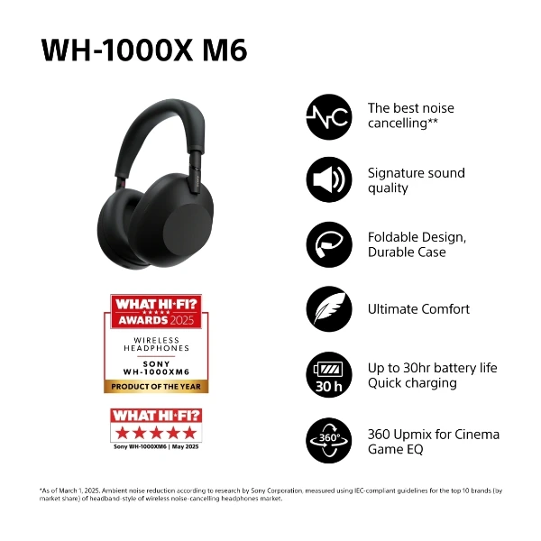 Sony WH-1000XM6 trådløse støydempende hodetelefoner, svart - Power.no