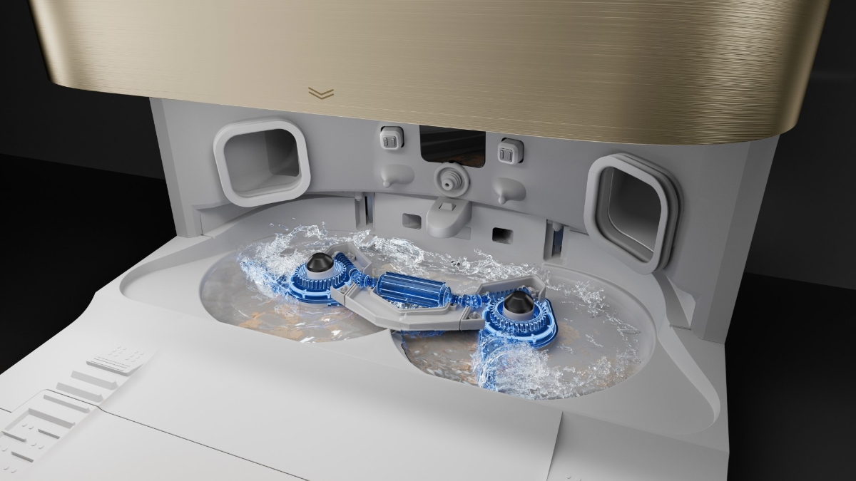 A white cleaning station of the Dreame X40 Ultra robot vacuum cleaner pictures up close with blue-colored water splashing on the bottom expressing the cleaning system of the mop pads