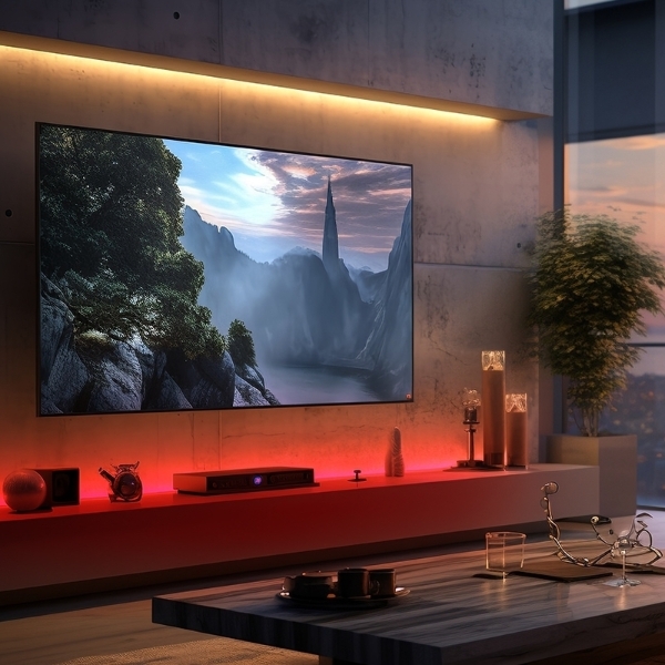 TV setup with warm white and red lights
