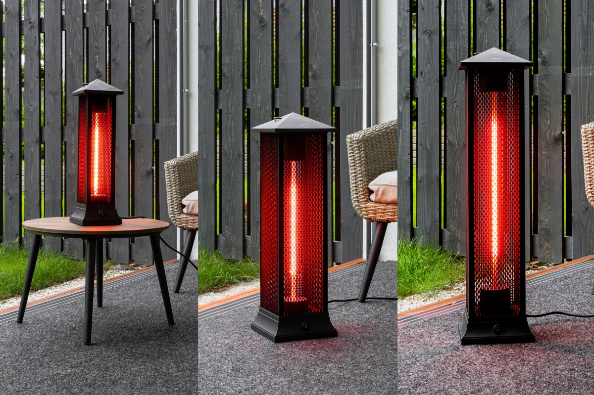 Three pictures of the Point tower heaters, one is on a table outdoors and two on the ground with a grey fence at the back