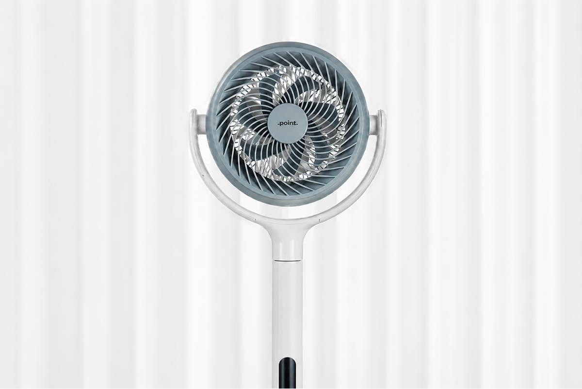 POINT POFPDCWH PEDESTAL CIRCULATION FAN White Point pedestal fan against a white background with its screen showing