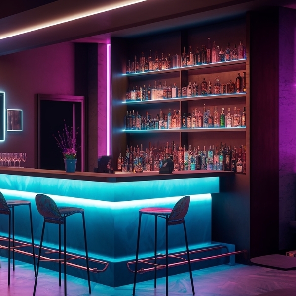 A bar area illuminated with turquoise and purple lights